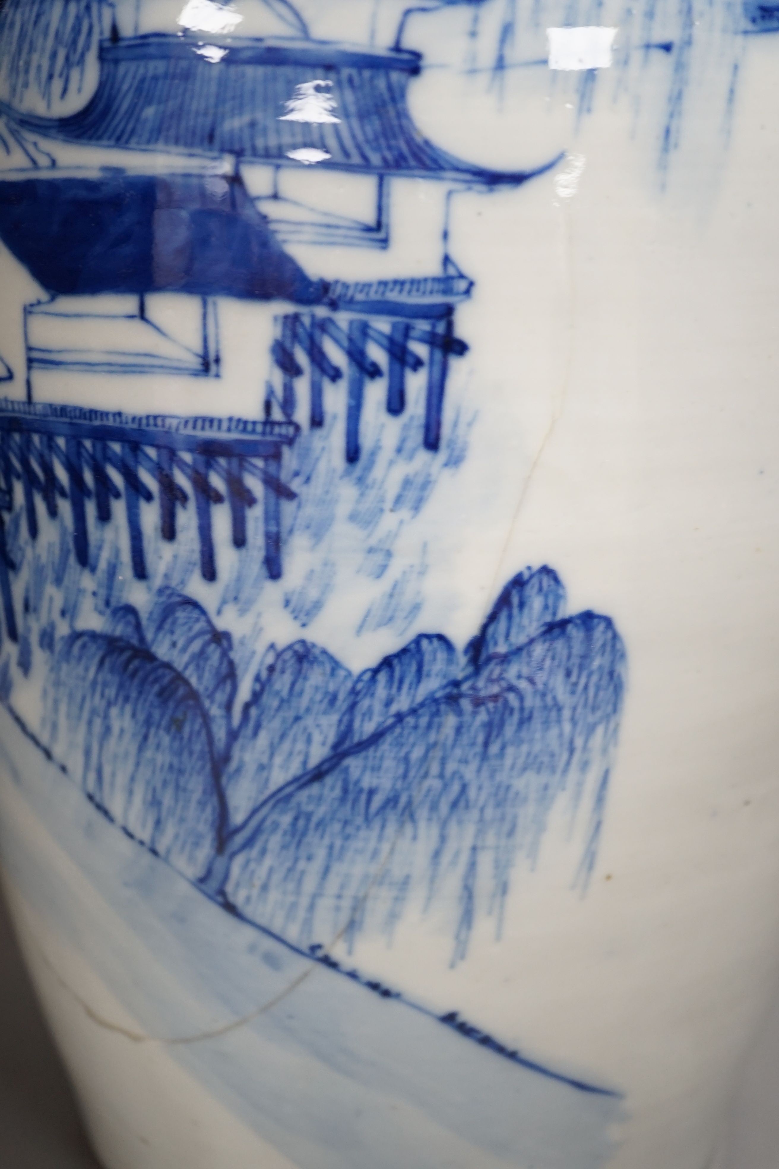 An early 20th century Chinese blue and white landscape vase converted to a lamp, total height 58cm